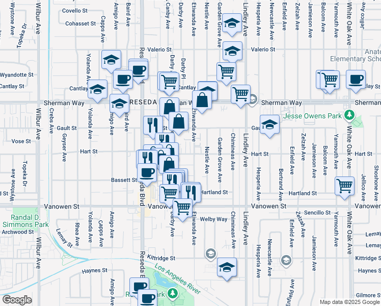 map of restaurants, bars, coffee shops, grocery stores, and more near 6946 Etiwanda Avenue in Los Angeles