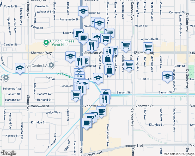 map of restaurants, bars, coffee shops, grocery stores, and more near 7005 North Jordan Avenue in Los Angeles