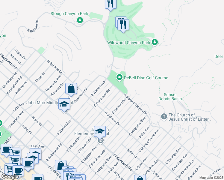 map of restaurants, bars, coffee shops, grocery stores, and more near 1072 East Fairmount Road in Burbank