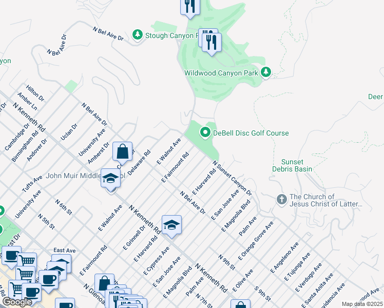 map of restaurants, bars, coffee shops, grocery stores, and more near 1072 East Fairmount Road in Burbank