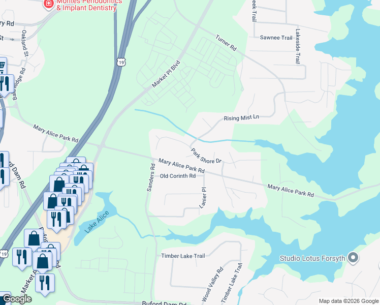 map of restaurants, bars, coffee shops, grocery stores, and more near 1410 Centerboard Court in Cumming