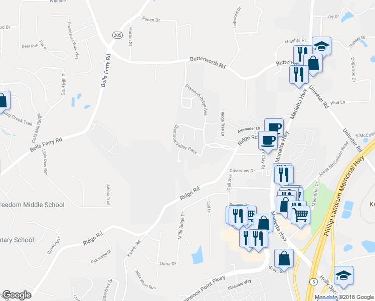 map of restaurants, bars, coffee shops, grocery stores, and more near 227 Diamond Valley Pass in Canton