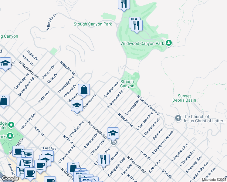 map of restaurants, bars, coffee shops, grocery stores, and more near 1025 East Fairmount Road in Burbank
