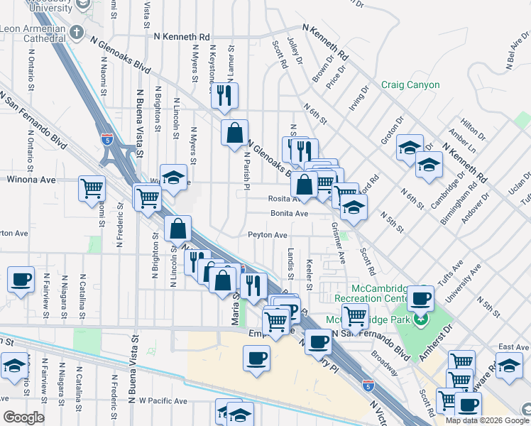 map of restaurants, bars, coffee shops, grocery stores, and more near 2021 Peyton Avenue in Burbank