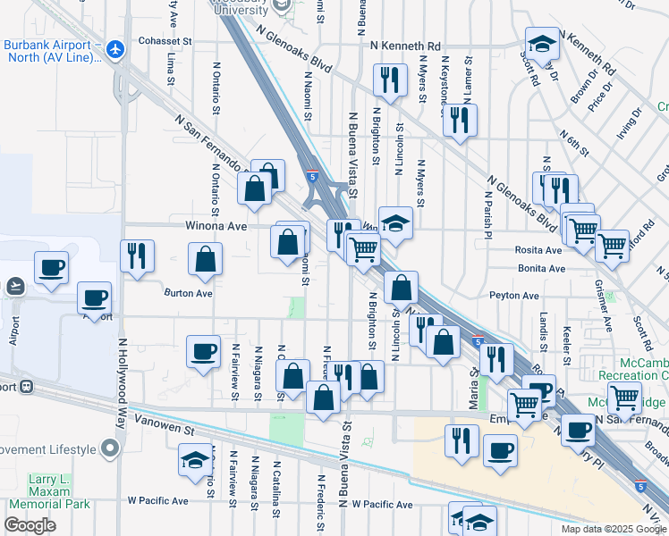 map of restaurants, bars, coffee shops, grocery stores, and more near 2243 North Buena Vista Street in Burbank