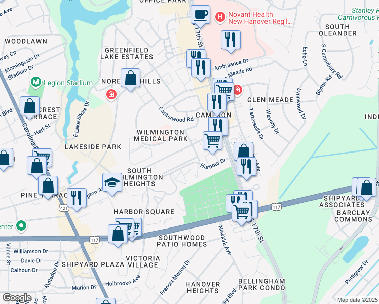 map of restaurants, bars, coffee shops, grocery stores, and more near 1427 Buckingham Avenue in Wilmington