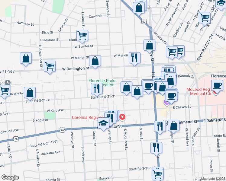 map of restaurants, bars, coffee shops, grocery stores, and more near 521 West Evans Street in Florence