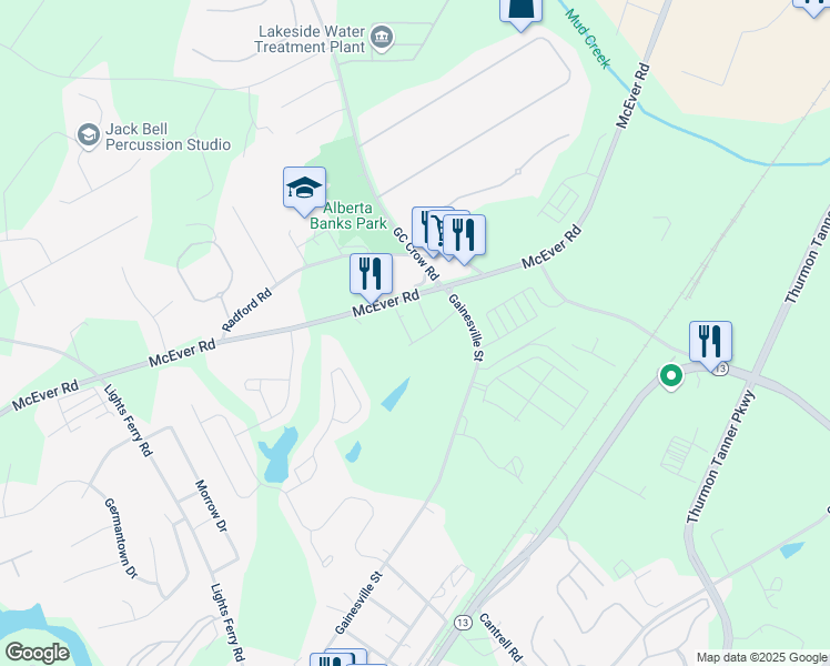 map of restaurants, bars, coffee shops, grocery stores, and more near 5312 Melbourne Lane in Flowery Branch
