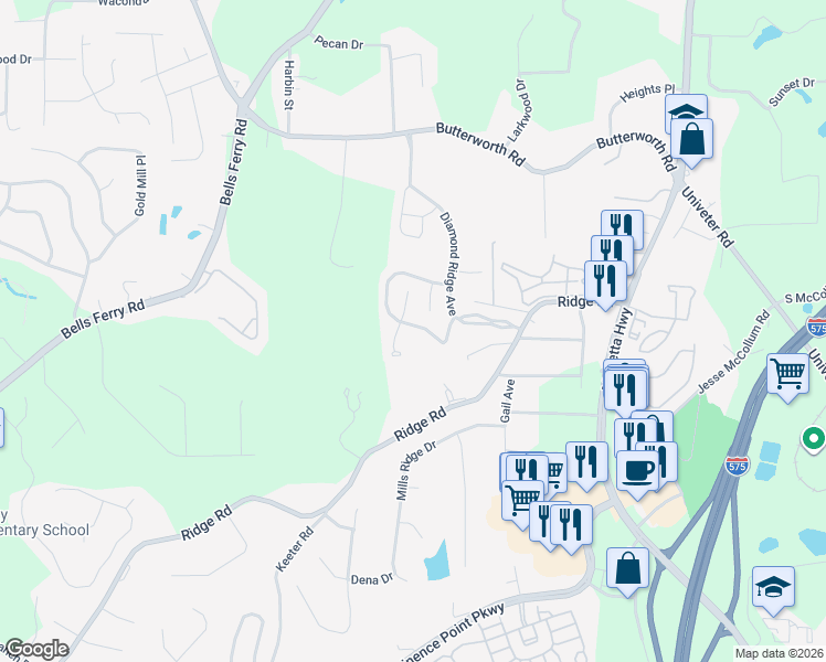 map of restaurants, bars, coffee shops, grocery stores, and more near 217 Diamond Valley Pass in Canton