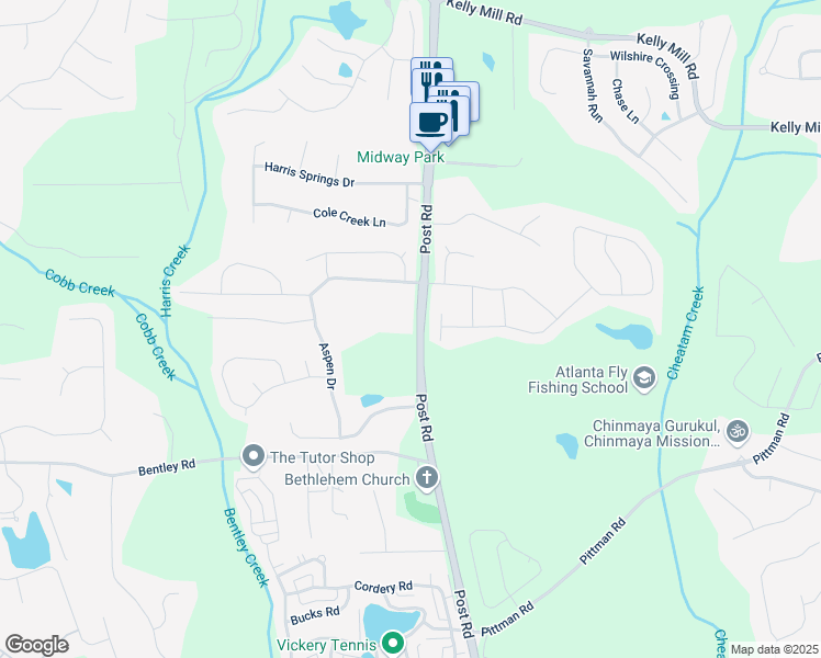 map of restaurants, bars, coffee shops, grocery stores, and more near 5298 Post Road in Cumming