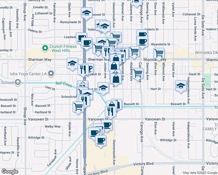 map of restaurants, bars, coffee shops, grocery stores, and more near 6941 Owensmouth Avenue in Los Angeles
