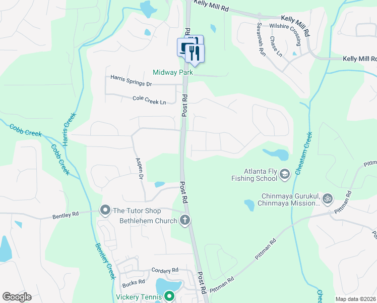 map of restaurants, bars, coffee shops, grocery stores, and more near 5328 Post Road in Cumming