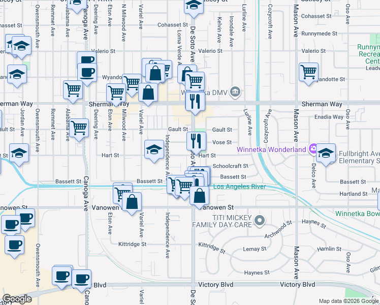 map of restaurants, bars, coffee shops, grocery stores, and more near 20905 Hart Street in Los Angeles