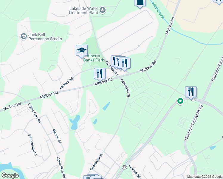 map of restaurants, bars, coffee shops, grocery stores, and more near 5312 Melbourne Lane in Flowery Branch