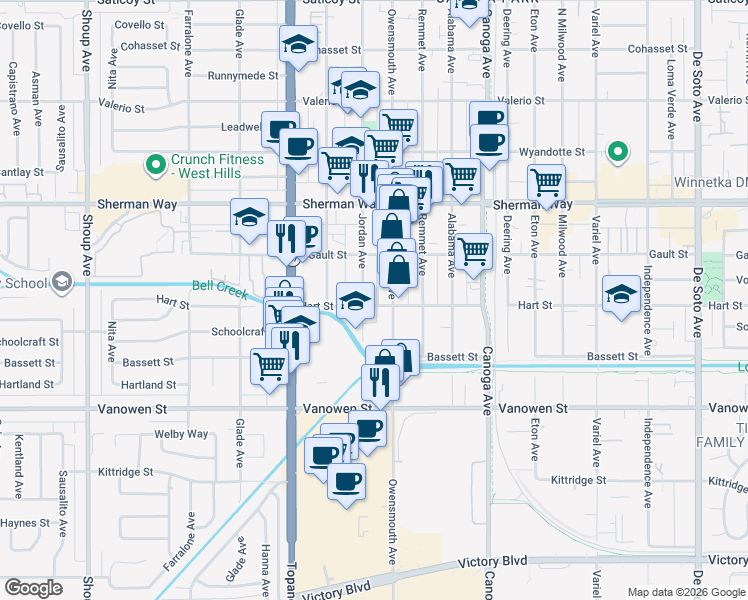 map of restaurants, bars, coffee shops, grocery stores, and more near 21717 Hart Street in Los Angeles