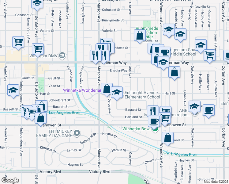 map of restaurants, bars, coffee shops, grocery stores, and more near 20405 Hart Street in Los Angeles