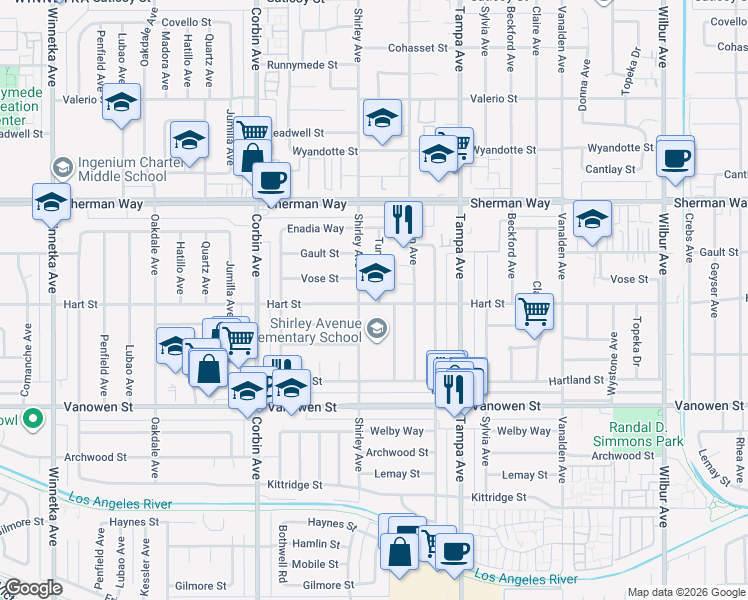 map of restaurants, bars, coffee shops, grocery stores, and more near 19452 Hart Street in Los Angeles