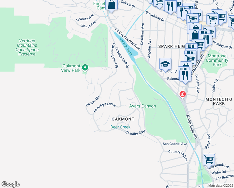 map of restaurants, bars, coffee shops, grocery stores, and more near 3311 Beaudry Terrace in Glendale