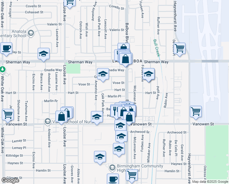 map of restaurants, bars, coffee shops, grocery stores, and more near 16944 Marlin Place in Los Angeles