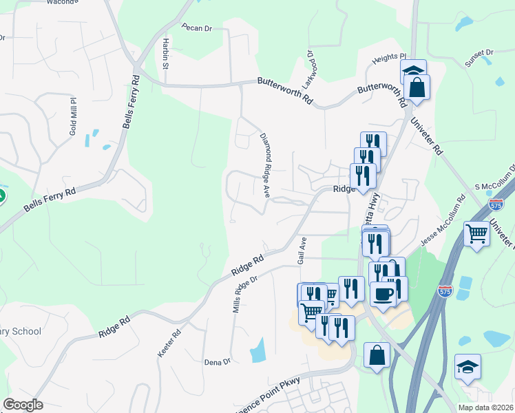 map of restaurants, bars, coffee shops, grocery stores, and more near 206 Diamond Valley Pass in Canton