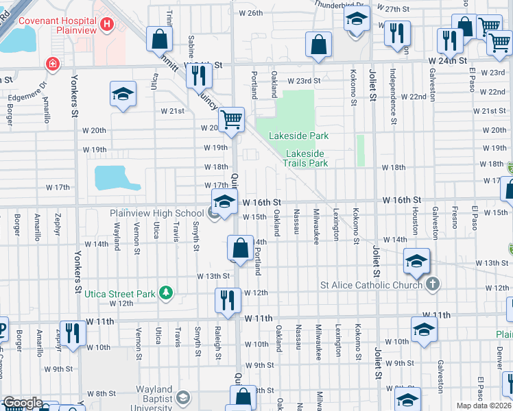 map of restaurants, bars, coffee shops, grocery stores, and more near 1505 Portland in Plainview