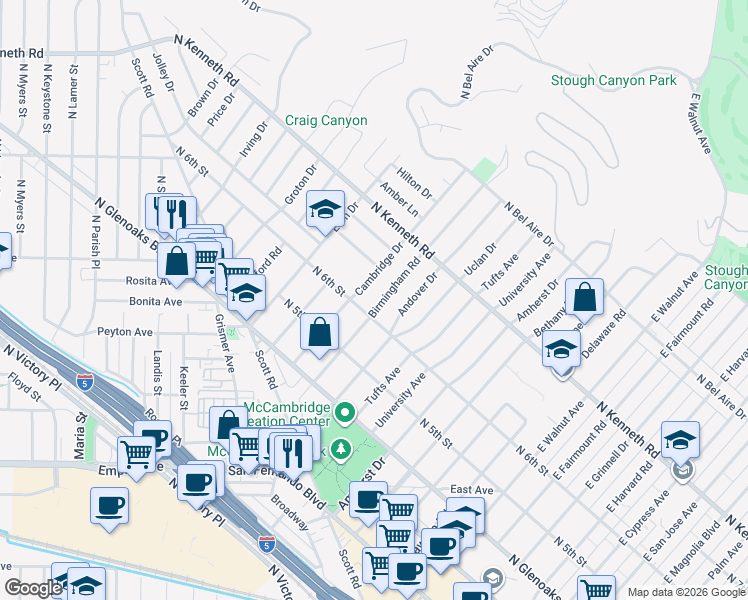 map of restaurants, bars, coffee shops, grocery stores, and more near 535 Birmingham Road in Burbank