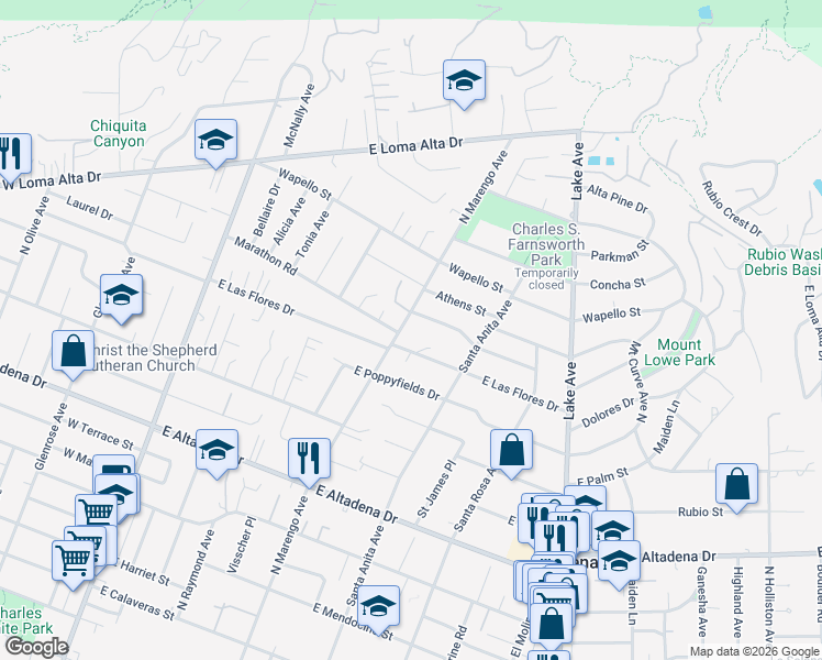 map of restaurants, bars, coffee shops, grocery stores, and more near 3122 North Marengo Avenue in Altadena