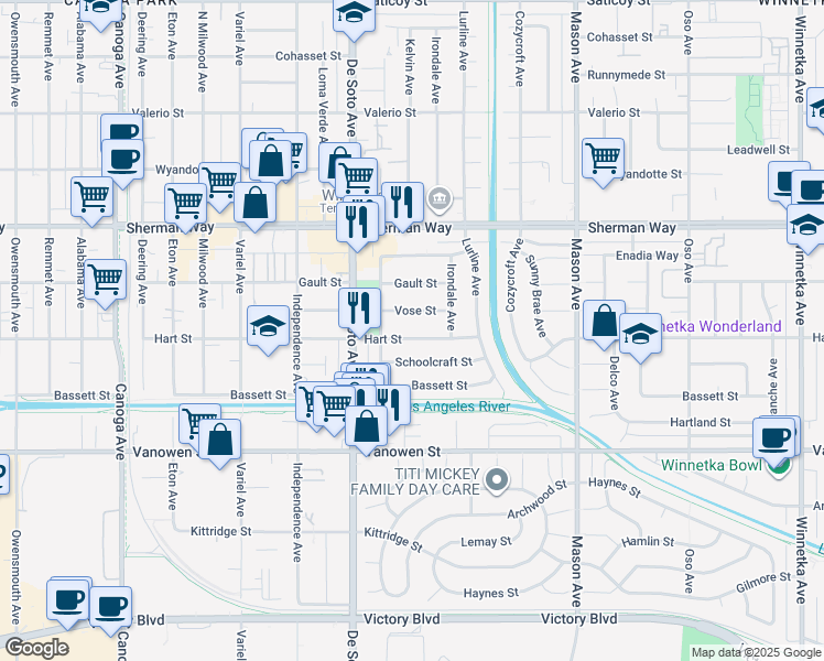 map of restaurants, bars, coffee shops, grocery stores, and more near 20761 Hart Street in Los Angeles