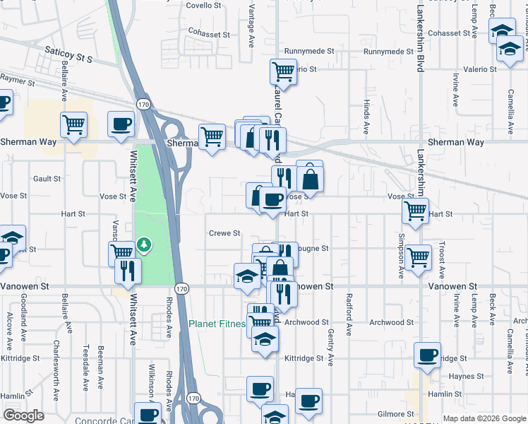 map of restaurants, bars, coffee shops, grocery stores, and more near 12121 Hart Street in Los Angeles