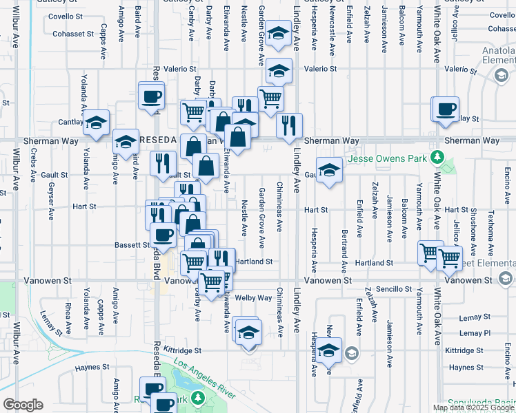 map of restaurants, bars, coffee shops, grocery stores, and more near 6951 Garden Grove Avenue in Los Angeles