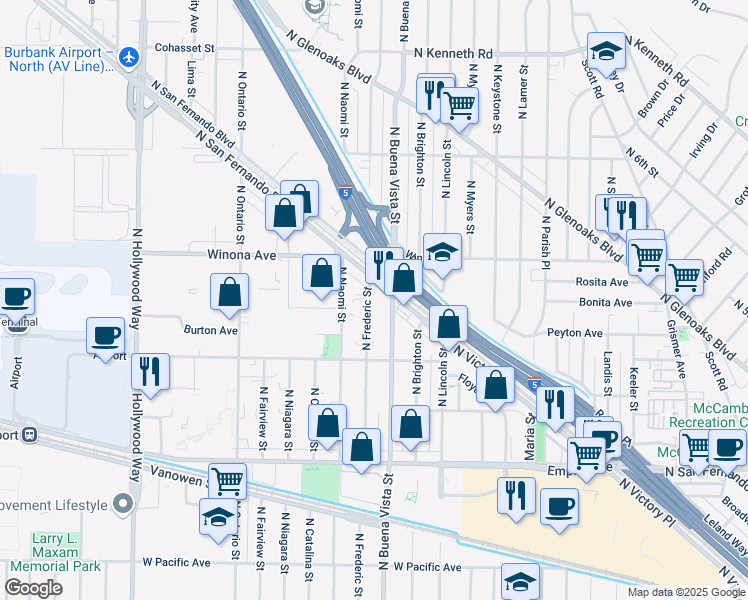 map of restaurants, bars, coffee shops, grocery stores, and more near 2255 North Buena Vista Street in Burbank