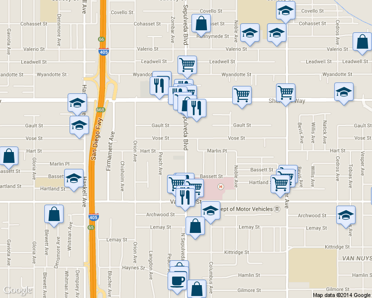 map of restaurants, bars, coffee shops, grocery stores, and more near 6940 Sepulveda Boulevard in Los Angeles