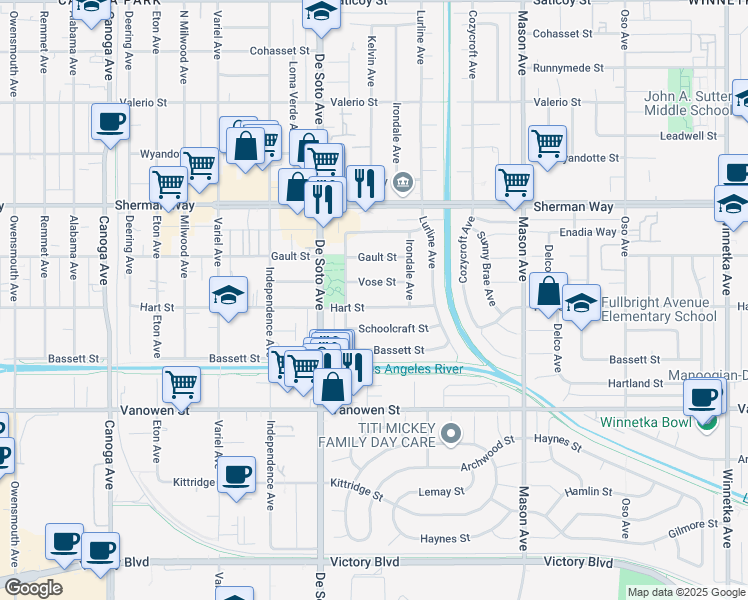map of restaurants, bars, coffee shops, grocery stores, and more near 20761 Hart Street in Los Angeles