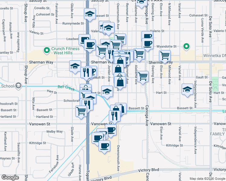 map of restaurants, bars, coffee shops, grocery stores, and more near 21040 Hart Street in Los Angeles