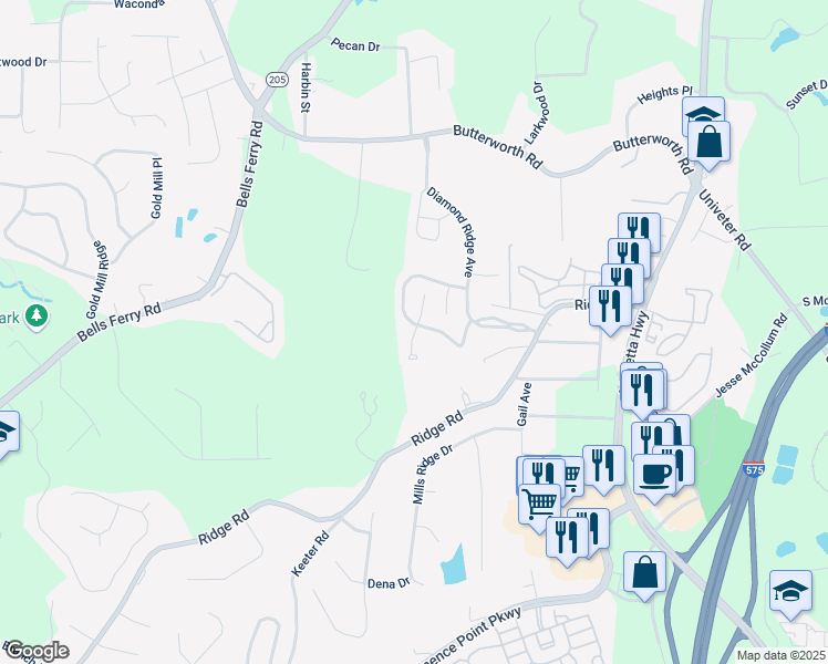 map of restaurants, bars, coffee shops, grocery stores, and more near 307 Stone Valley Crossing in Canton