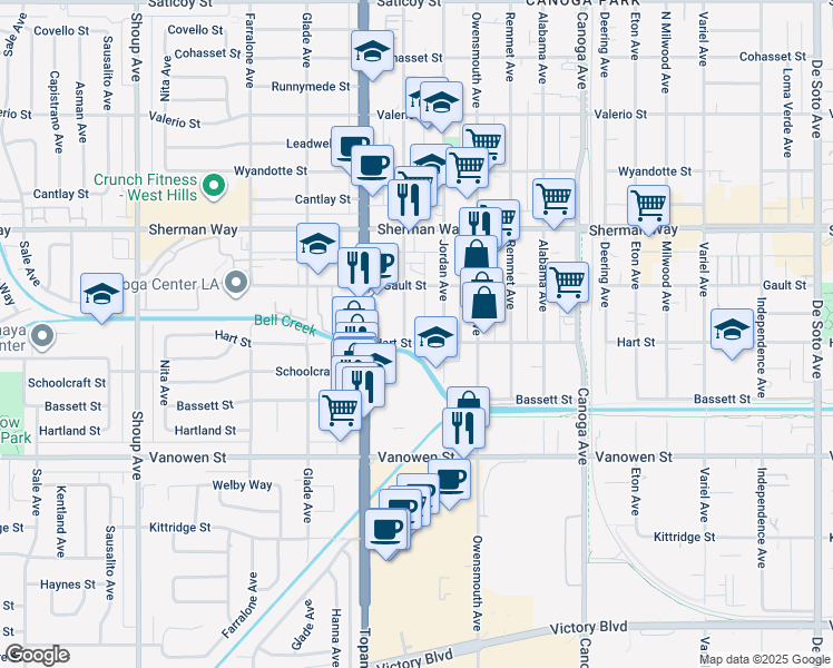 map of restaurants, bars, coffee shops, grocery stores, and more near 7000 Vassar Avenue in Los Angeles