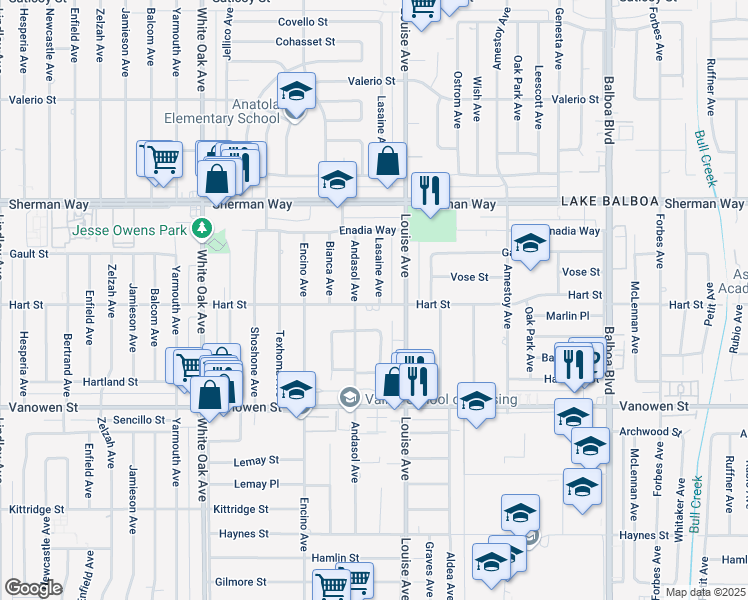 map of restaurants, bars, coffee shops, grocery stores, and more near 7001 Lasaine Avenue in Los Angeles