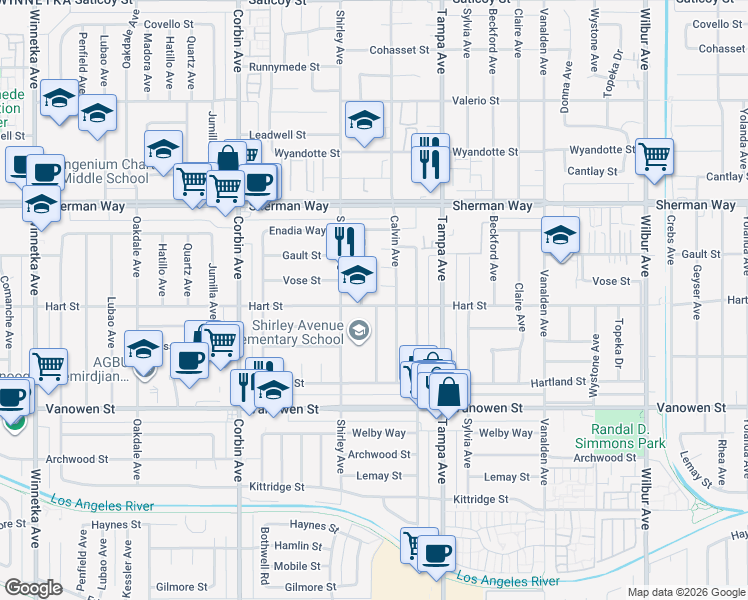 map of restaurants, bars, coffee shops, grocery stores, and more near 19427 Hart Street in Los Angeles