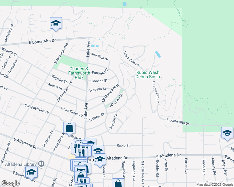 map of restaurants, bars, coffee shops, grocery stores, and more near 1193 Mount Lowe Drive in Altadena