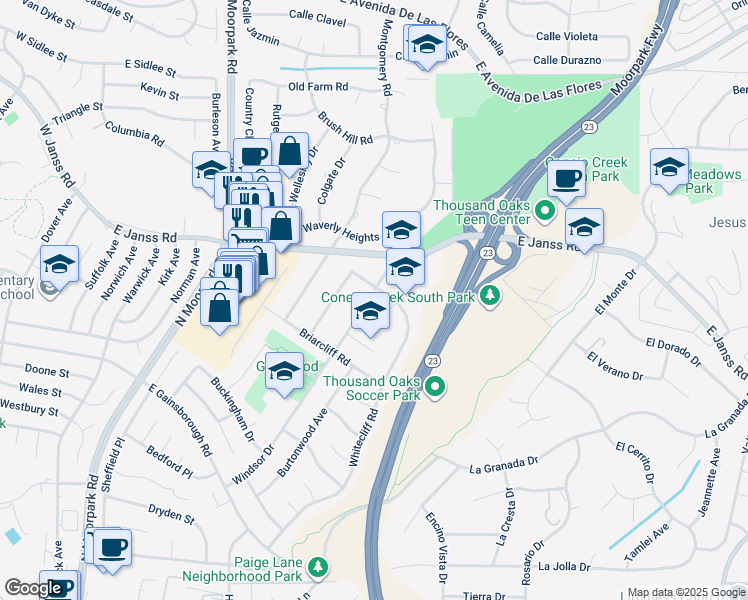 map of restaurants, bars, coffee shops, grocery stores, and more near 1474 Windsor Drive in Thousand Oaks