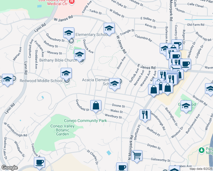 map of restaurants, bars, coffee shops, grocery stores, and more near 1461 Dover Avenue in Thousand Oaks