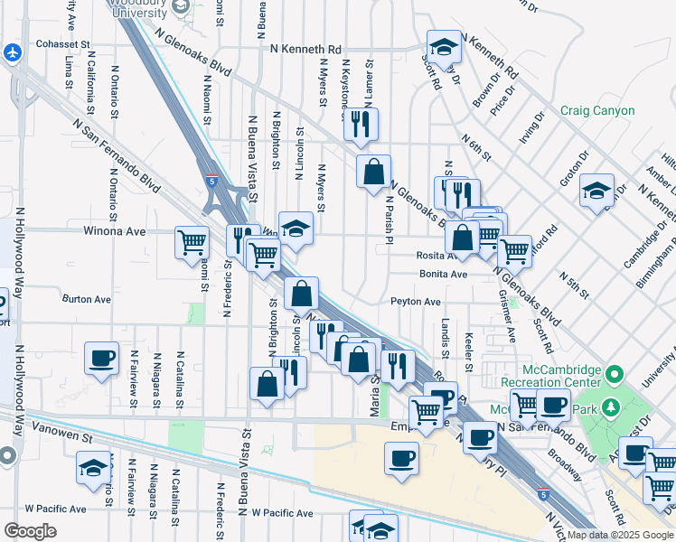 map of restaurants, bars, coffee shops, grocery stores, and more near 2318 Peyton Avenue in Burbank