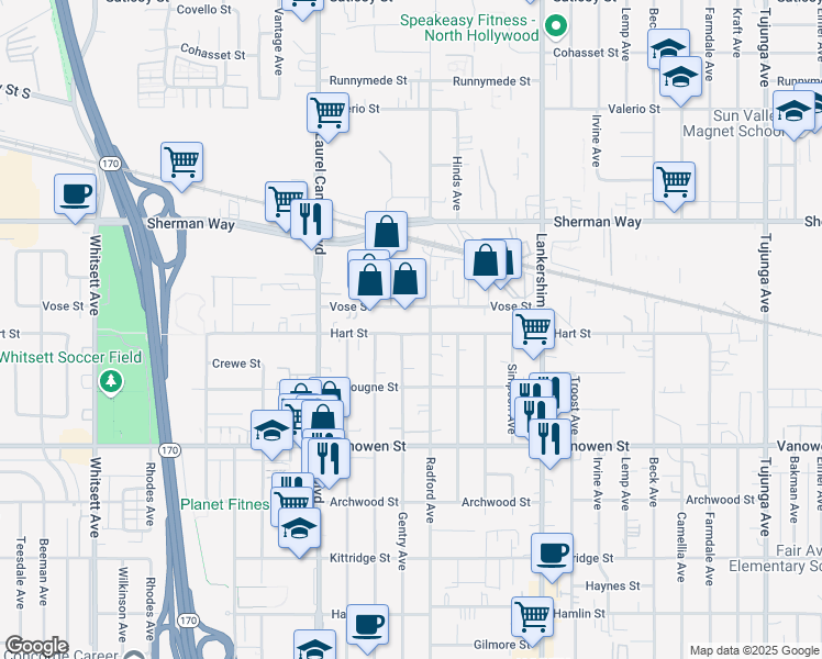 map of restaurants, bars, coffee shops, grocery stores, and more near 6941 Gentry Avenue in Los Angeles