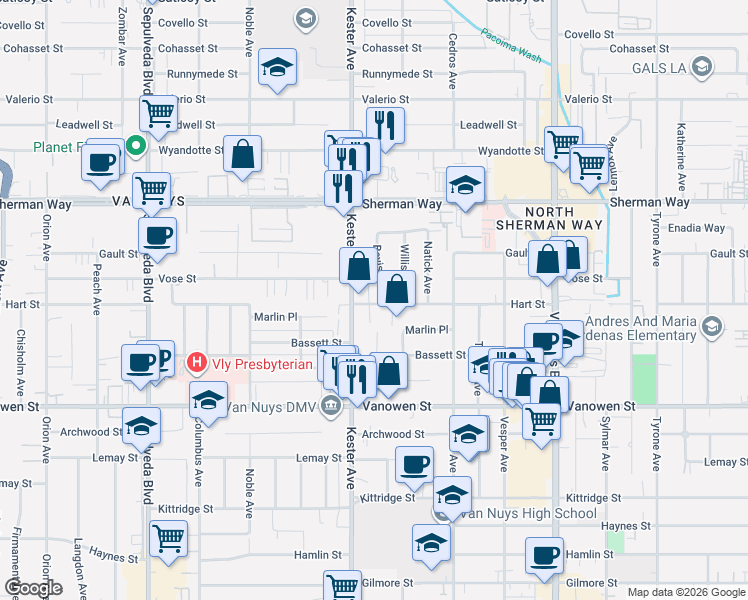 map of restaurants, bars, coffee shops, grocery stores, and more near 14836 Hart Street in Los Angeles