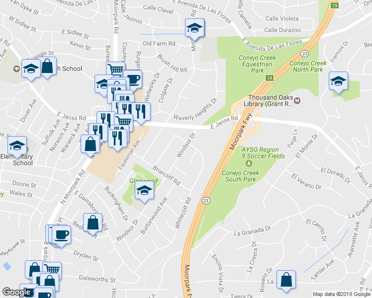 map of restaurants, bars, coffee shops, grocery stores, and more near 1474 Windsor Drive in Thousand Oaks