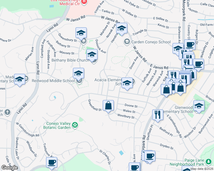 map of restaurants, bars, coffee shops, grocery stores, and more near 144 Knowles Street in Thousand Oaks