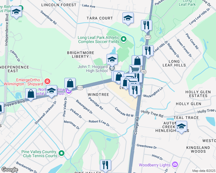 map of restaurants, bars, coffee shops, grocery stores, and more near 4465 Holly Tree Road in Wilmington