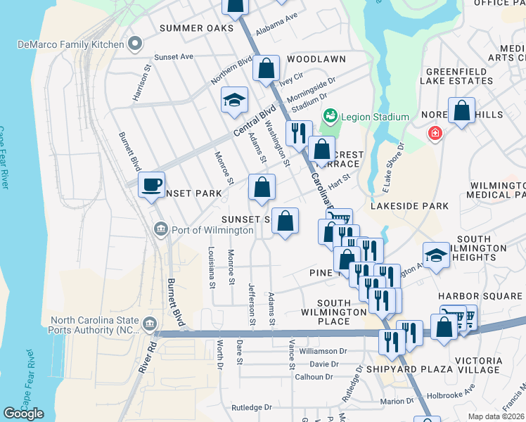 map of restaurants, bars, coffee shops, grocery stores, and more near 322 Virginia Avenue in Wilmington