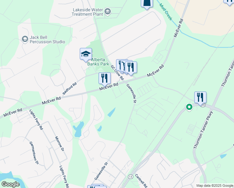 map of restaurants, bars, coffee shops, grocery stores, and more near 5316 Melbourne Lane in Flowery Branch