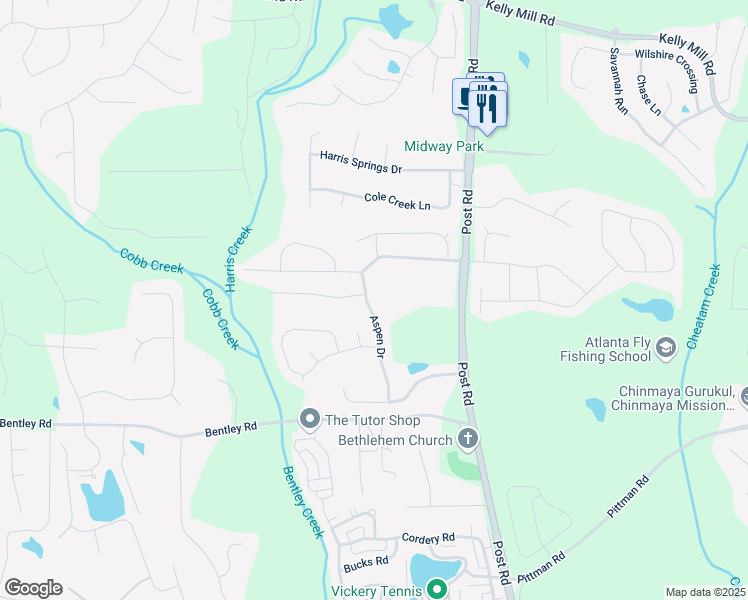 map of restaurants, bars, coffee shops, grocery stores, and more near 5705 Aspen Drive in Cumming